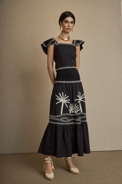 Conjunto de Top-Falda Bordado Palmeras Negro
