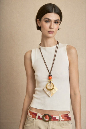 Collar Largo Colgante Asta y Resina Naranja