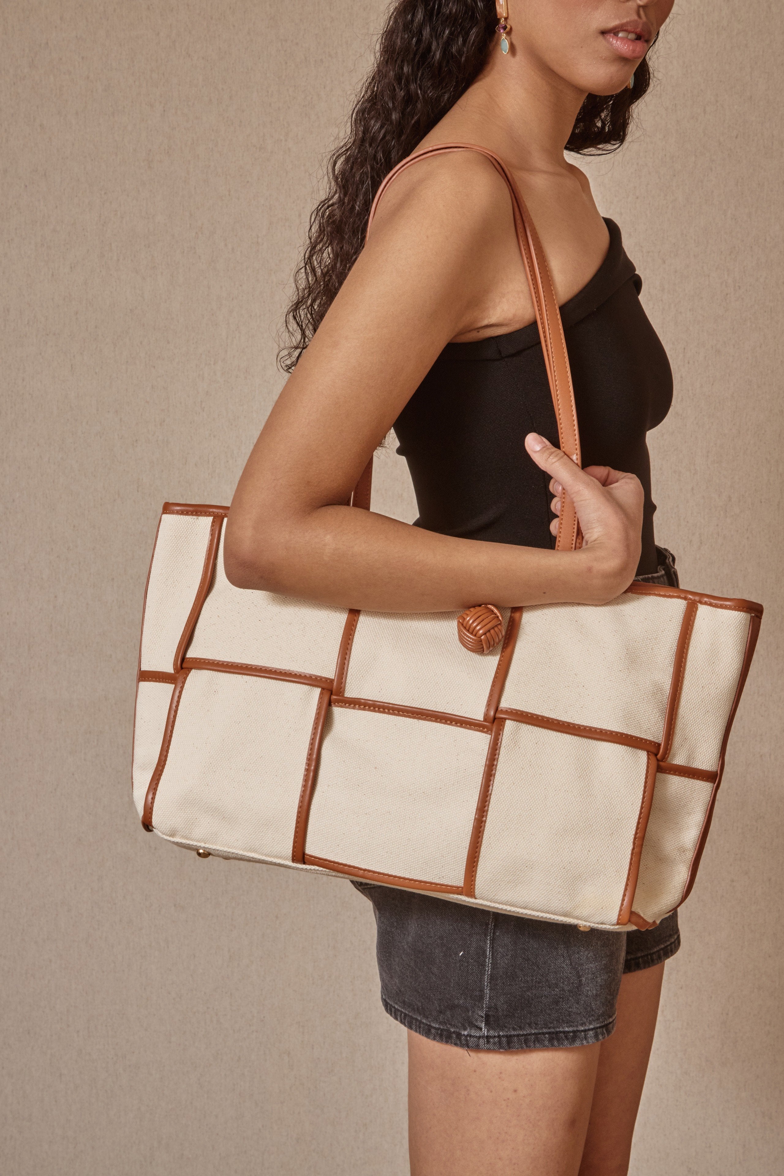 Bolso shopper cuadros color Marrrón