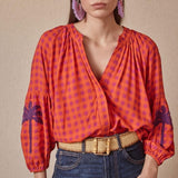 Embroidered Gingham Blouse Maroon/Orange