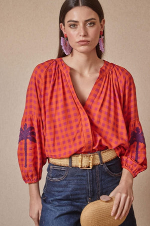 Embroidered Gingham Blouse Maroon/Orange