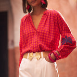 Embroidered Gingham Blouse Maroon/Orange