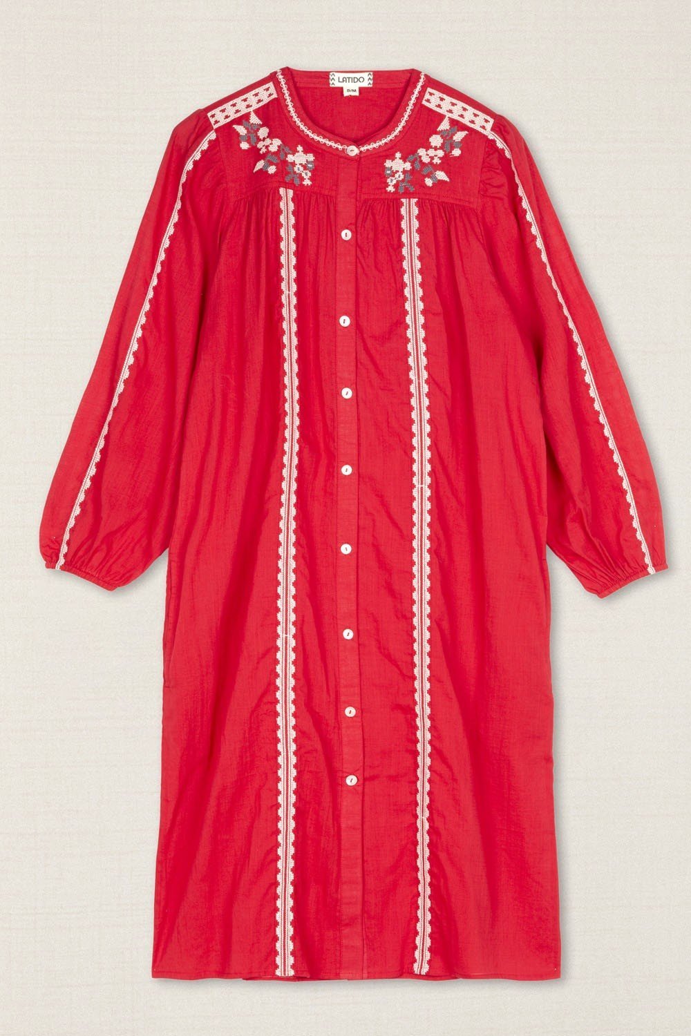 Vestido Kurta Bordado Flor Rojo