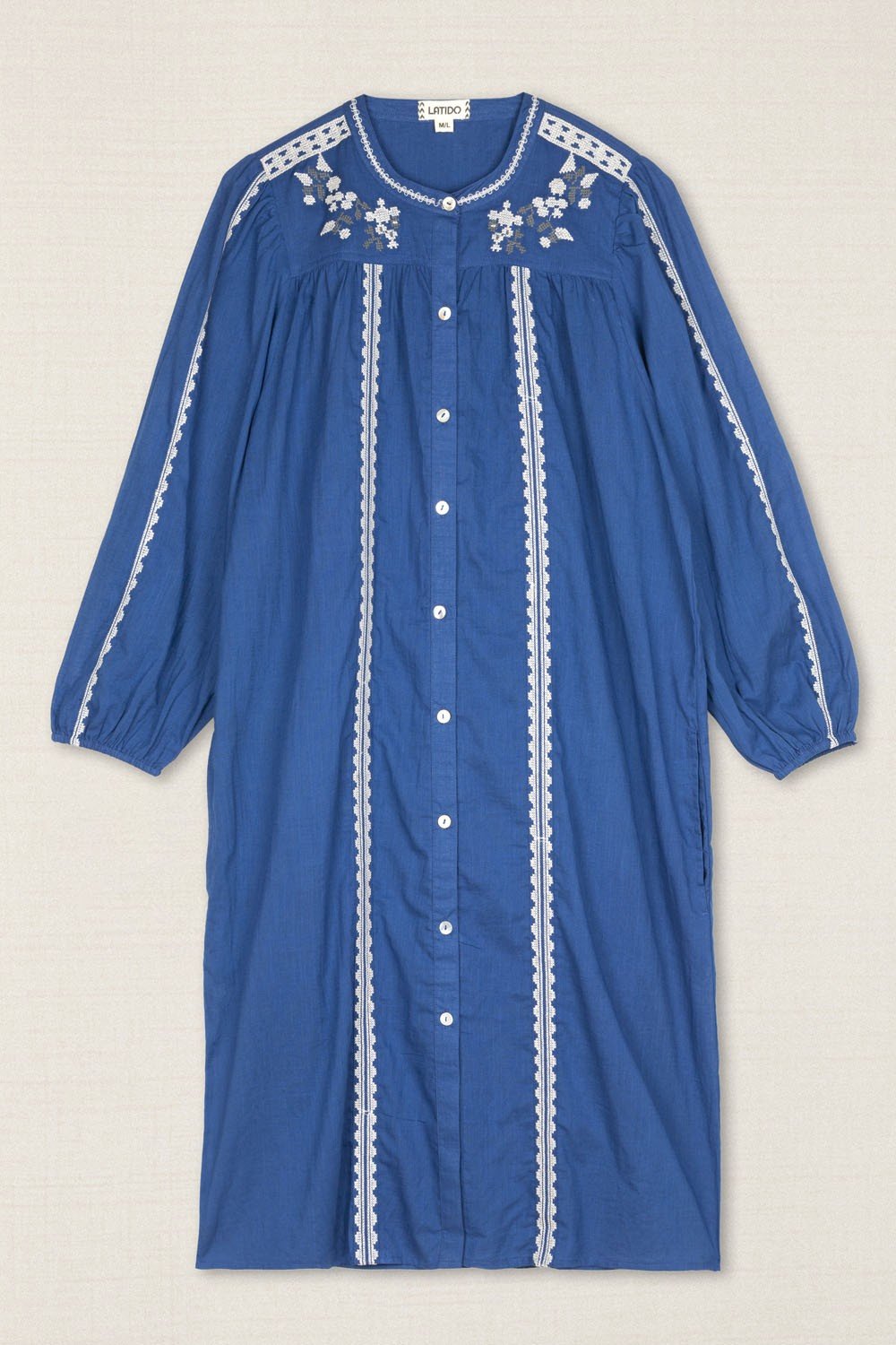 Vestido Kurta Bordado Flor Azul
