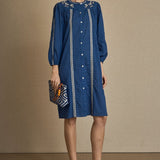 Vestido Kurta Bordado Flor Azul