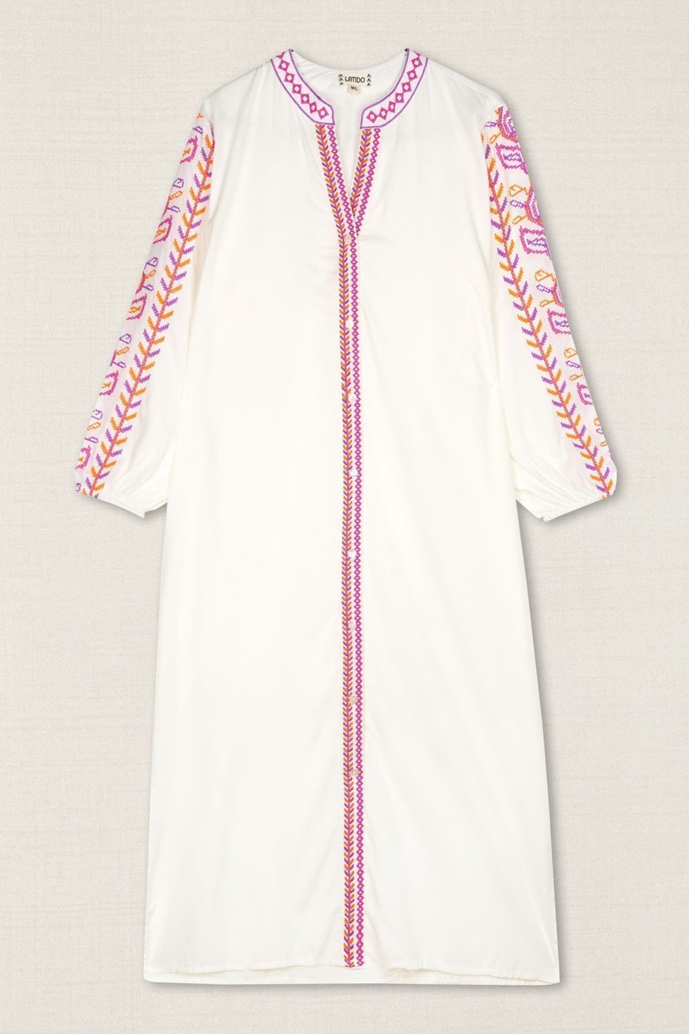 Vestido Kurta Bordado Hojas Fucsia