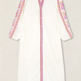 Vestido Kurta Bordado Hojas Fucsia