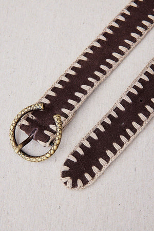 Leather Belt with Brown Crochet Trim