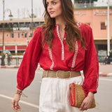 Red Flower Embroidered Blouse