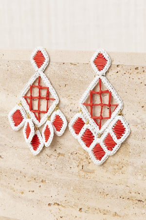Red Rhombus Raffia Earrings