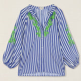 Blusa Rayas Bordada Azul