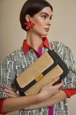 Black Midi Raffia Flap Bag
