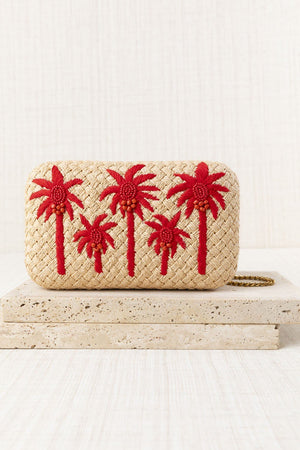 Red Palm Tree Raffia Clutch Bag