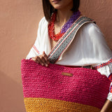 Two-Tone Fuchsia Raffia Basket Bag