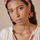 Red two-tone raffia flower earring