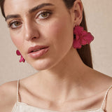 Red two-tone raffia flower earring