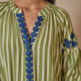 Kurta Rayas Bordada Líneas Verde/Blanco