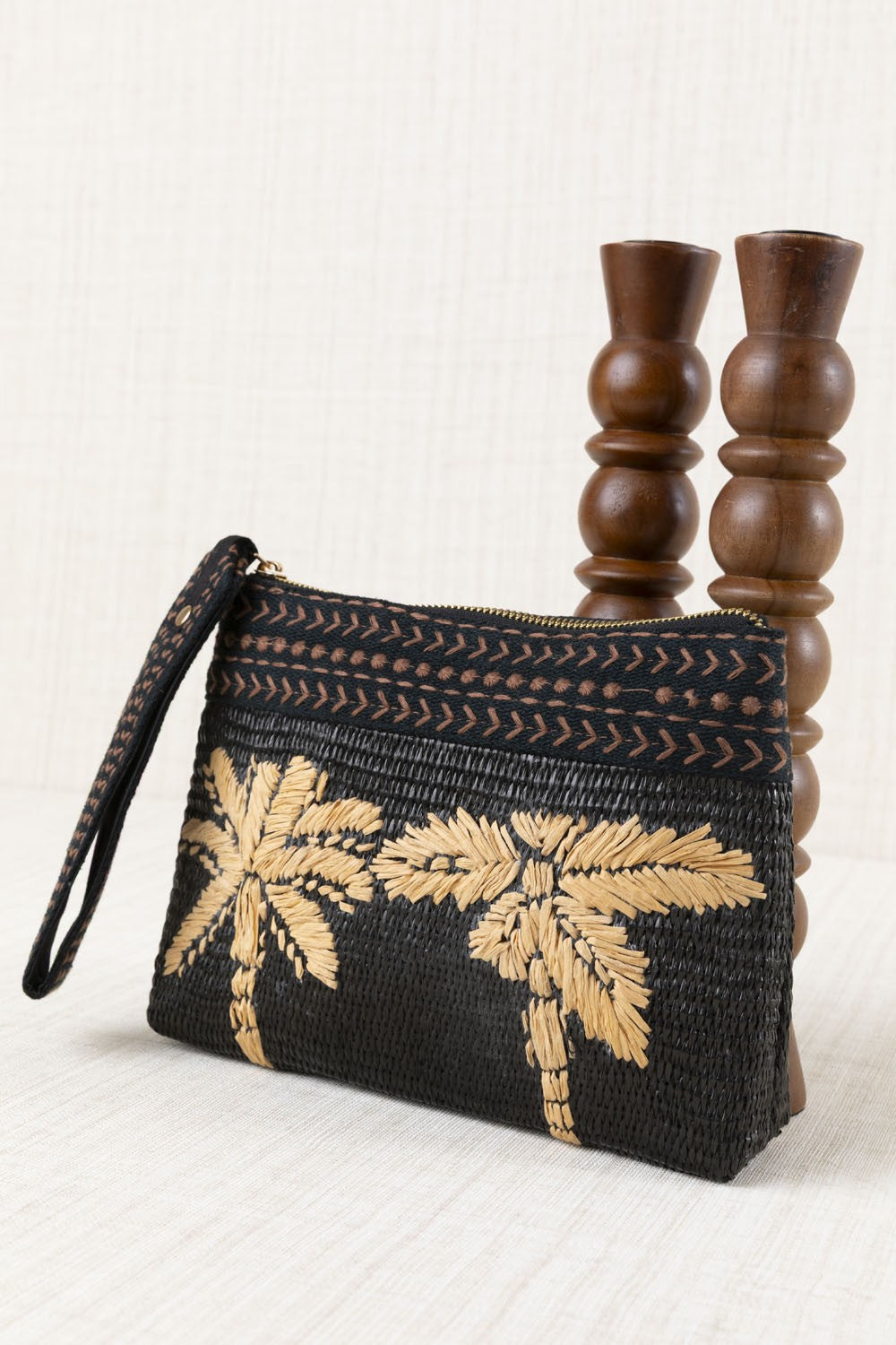 Bolso Mano Rafia Palmeras Negro