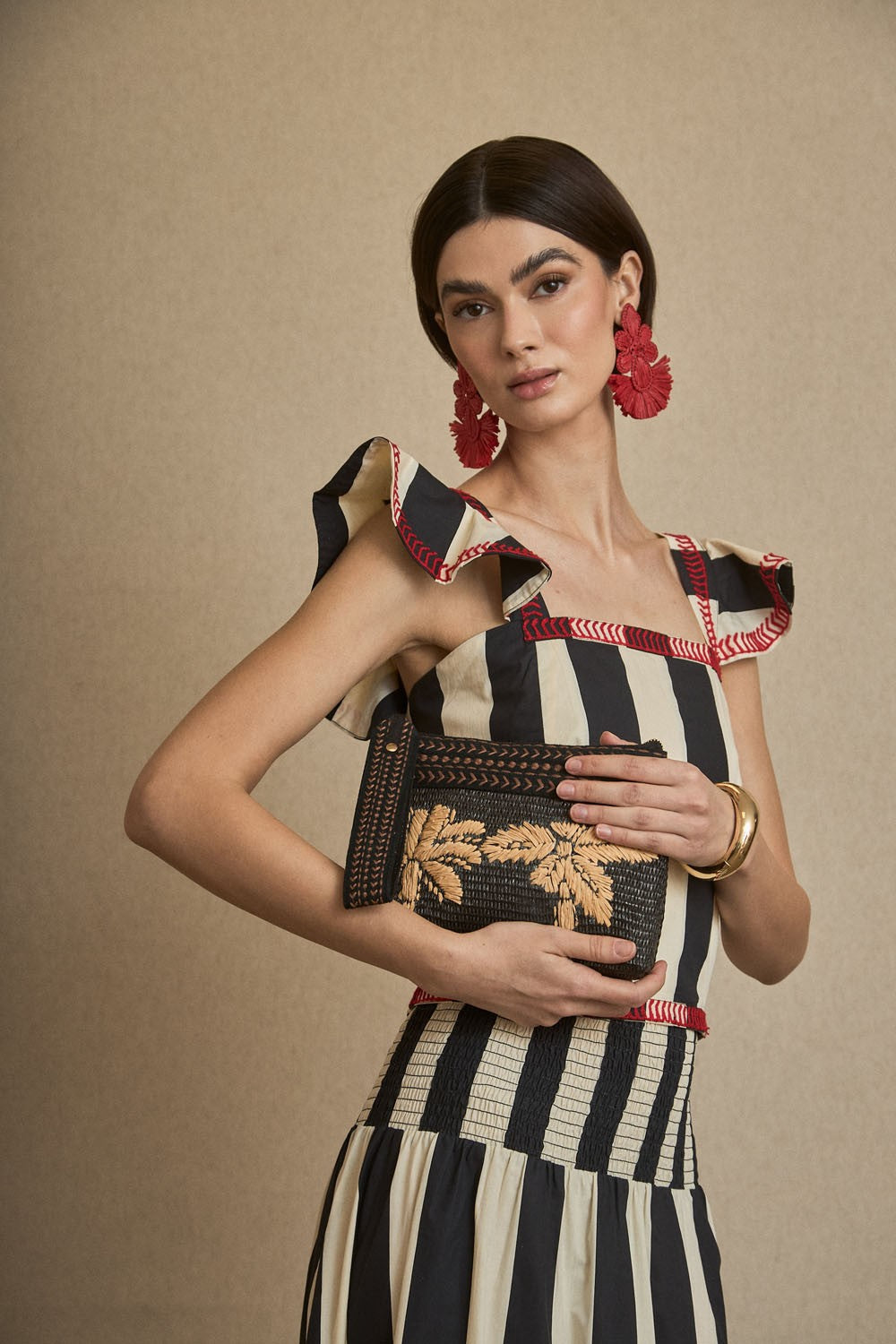 Bolso Mano Rafia Palmeras Negro