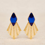 Geometric earrings made of gold-plated brass with dark green stone
