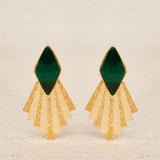 Geometric earrings made of gold-plated brass with dark green stone