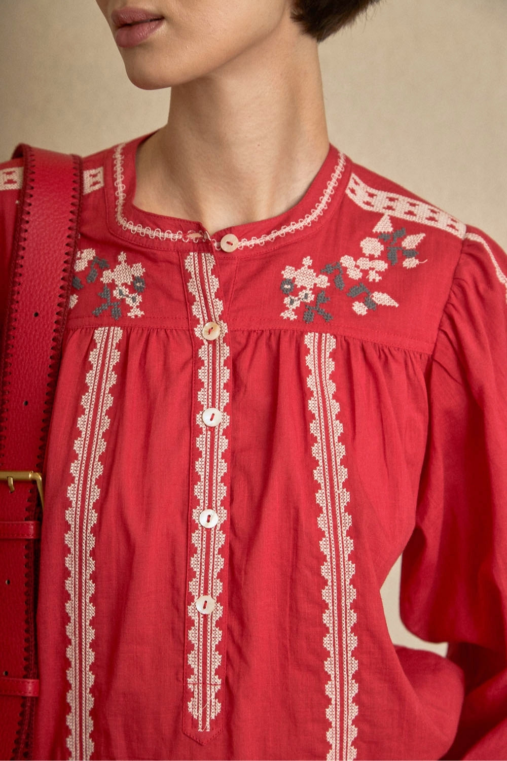 Blusa Bordado Flor Rojo