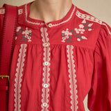 Red Flower Embroidered Blouse