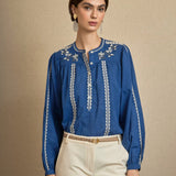 Blusa Bordado Flor Azul