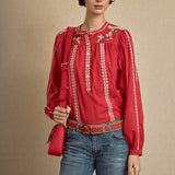Red Flower Embroidered Blouse