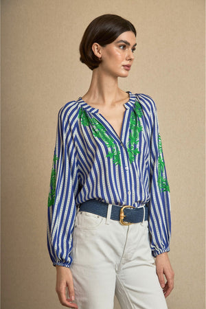 Blusa Rayas Bordada Azul