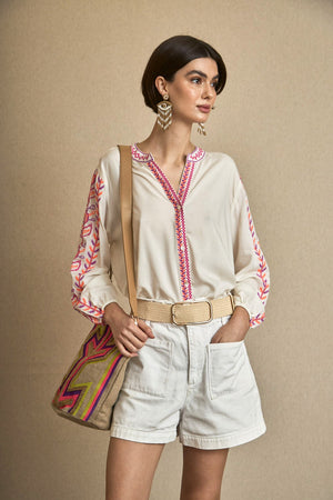 Fuchsia Leaf Embroidered Blouse