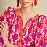 Vestido Kurta Ondas Bordada Fucsia
