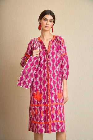 Vestido Kurta Ondas Bordada Fucsia