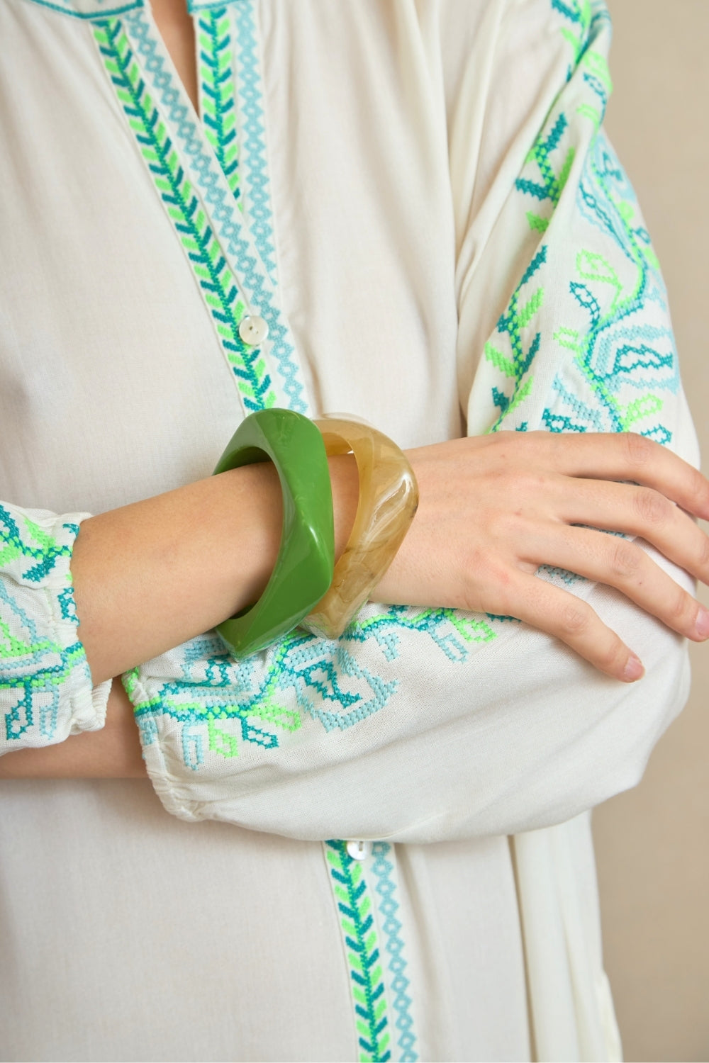Vestido Kurta Bordado Hojas Verde