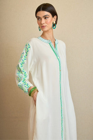 Vestido Kurta Bordado Hojas Verde