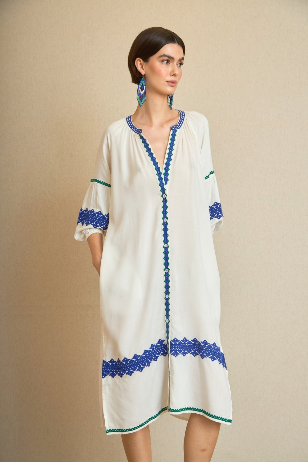 Vestido Kurta Bordado Étnico Verde