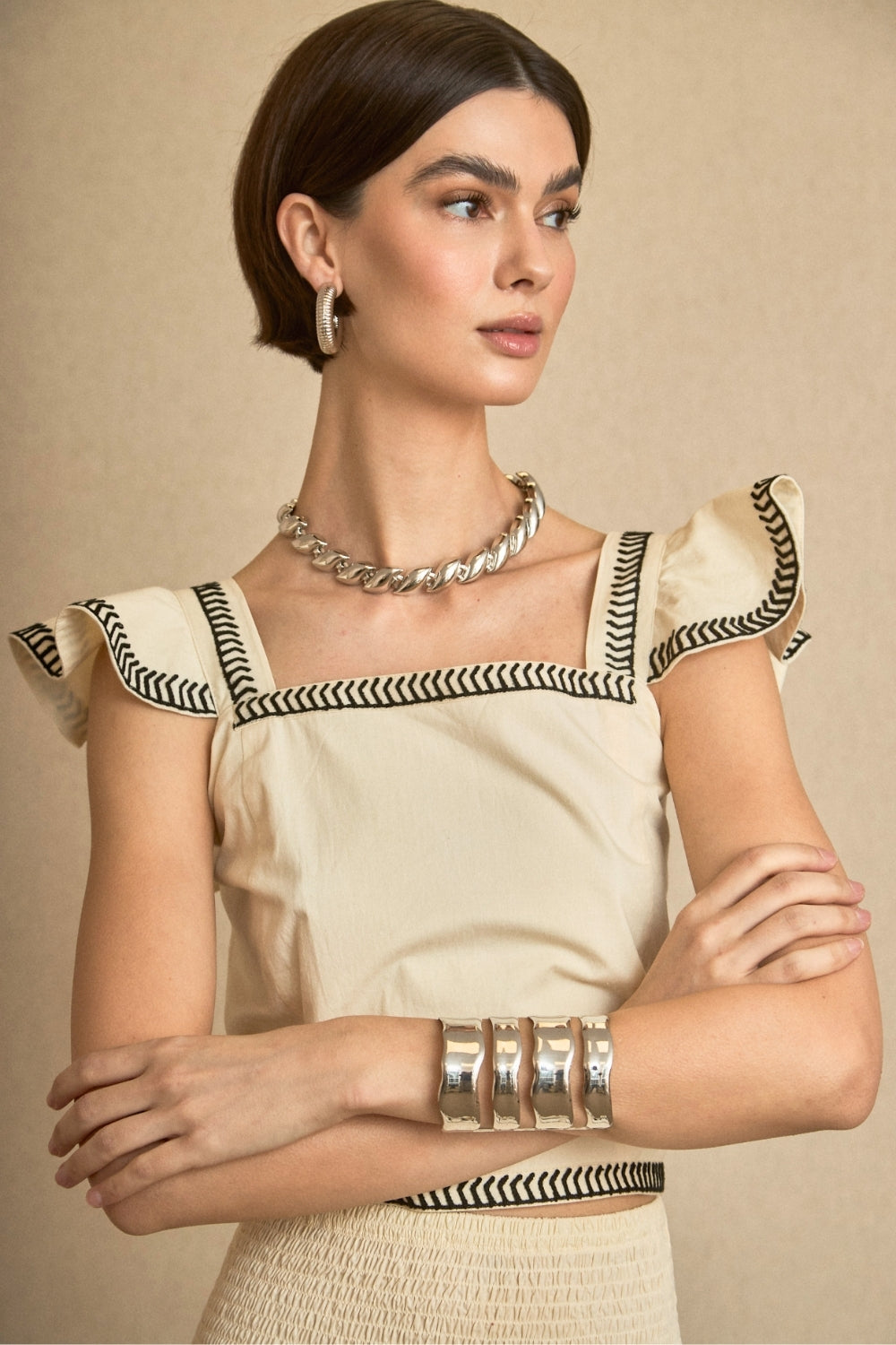 Conjunto Top-Falda Bordado Palmeras Crema