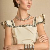 Conjunto Top-Falda Bordado Palmeras Crema