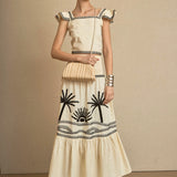 Conjunto Top-Falda Bordado Palmeras Crema