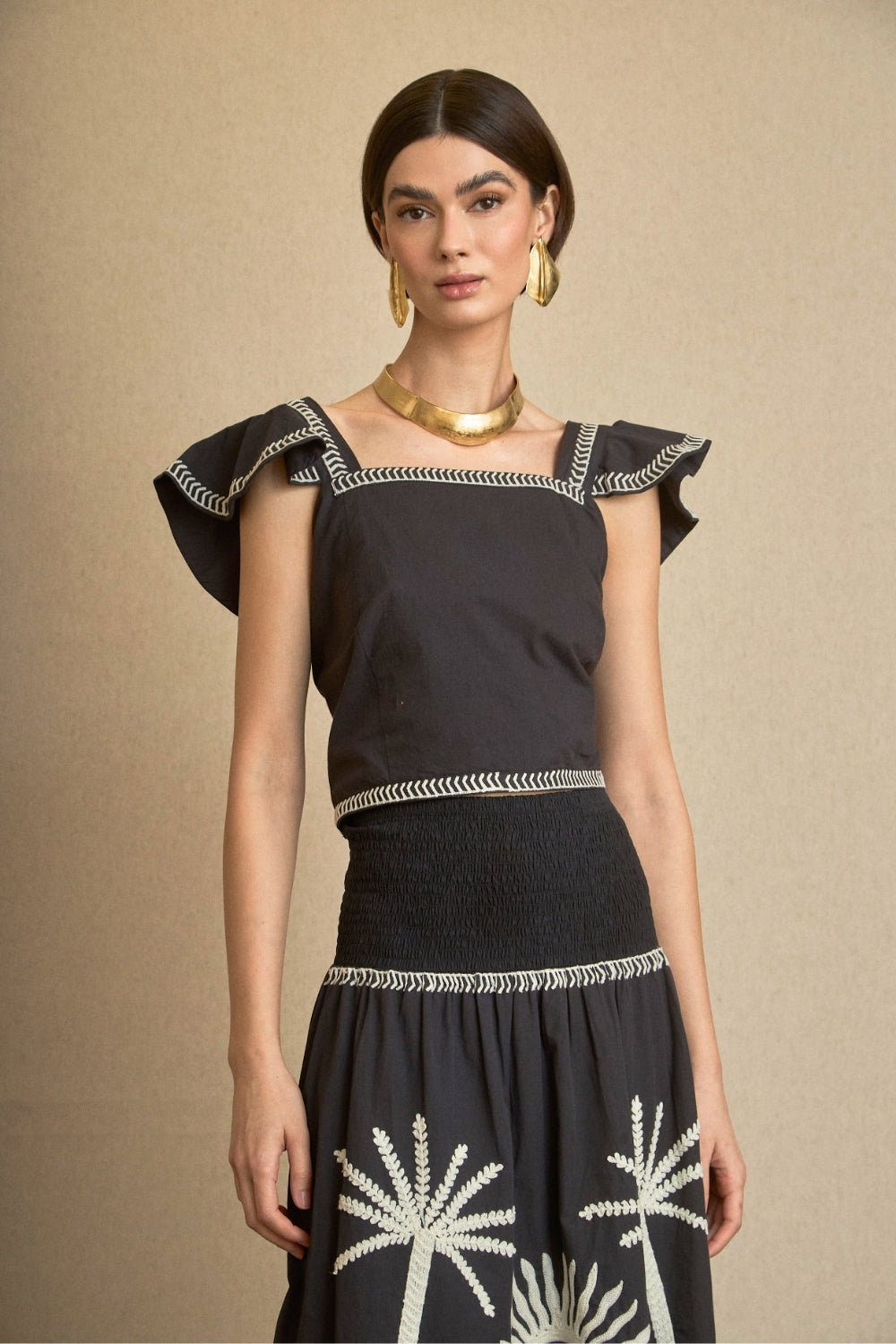 Conjunto de Top-Falda Bordado Palmeras Negro