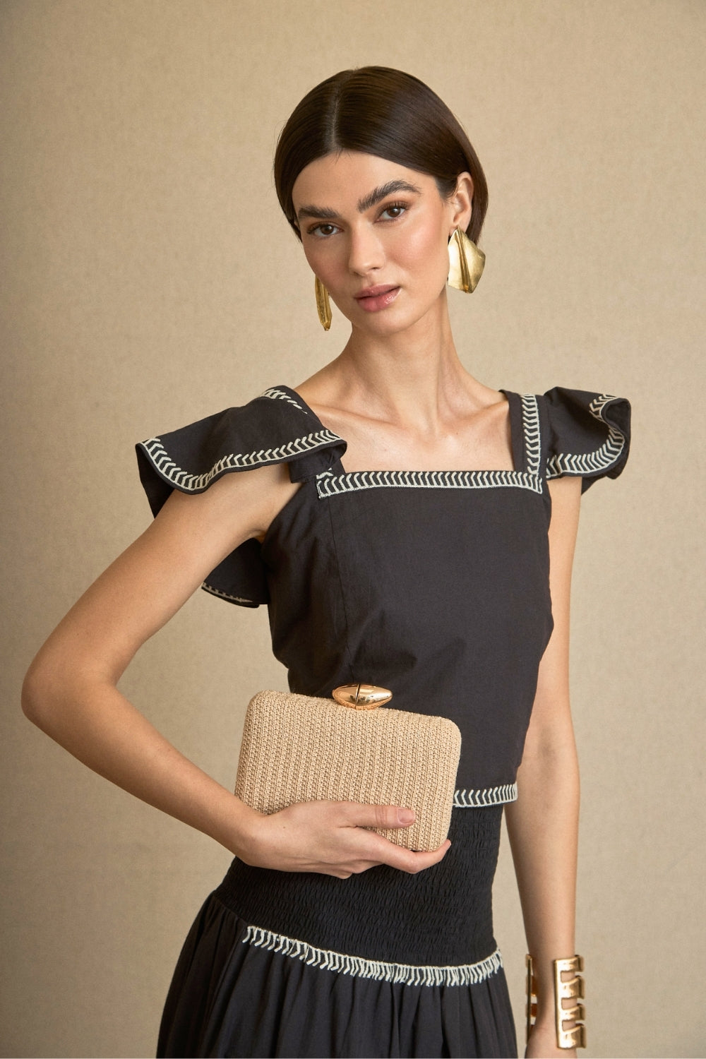 Conjunto de Top-Falda Bordado Palmeras Negro