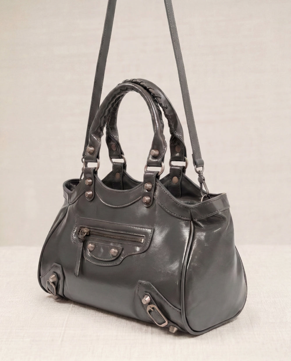 Grey Crocheted Trim Flap Bag