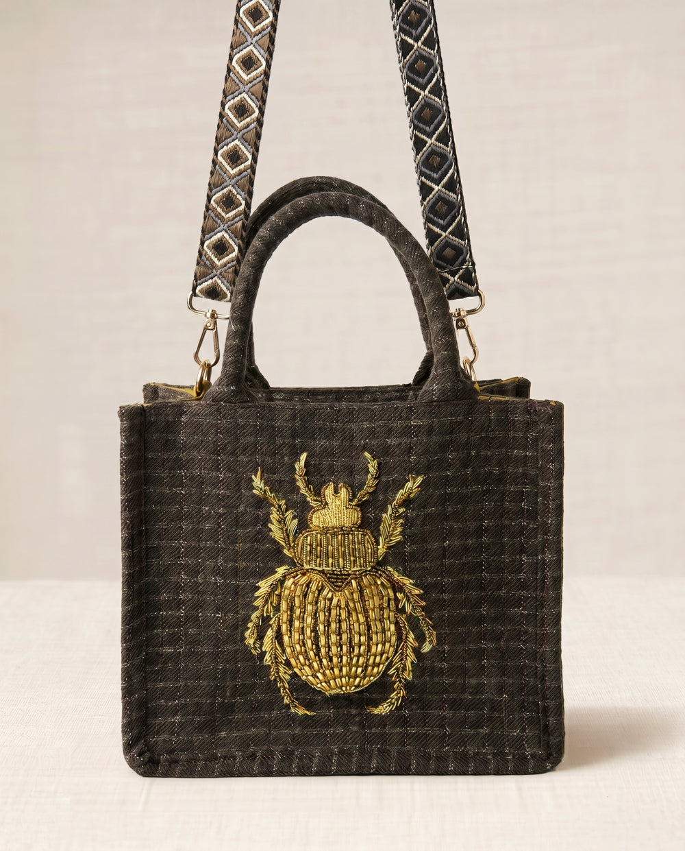 Grey Crocheted Trim Flap Bag