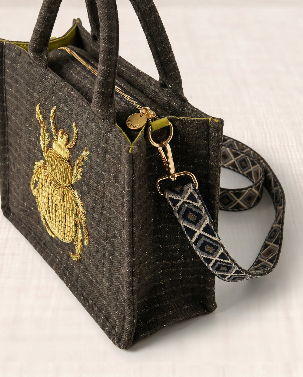 Grey Crocheted Trim Flap Bag