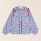 Blusa Cuadros Bordado Geométrico Azul