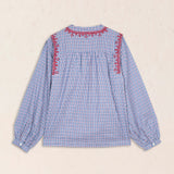 Blusa Cuadros Bordado Geométrico Azul
