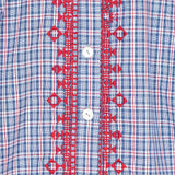 Blusa Cuadros Bordado Geométrico Azul