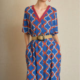 Vestido Cuello V Geometrías Azul