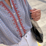 Blusa Cuadros Bordado Geométrico Azul