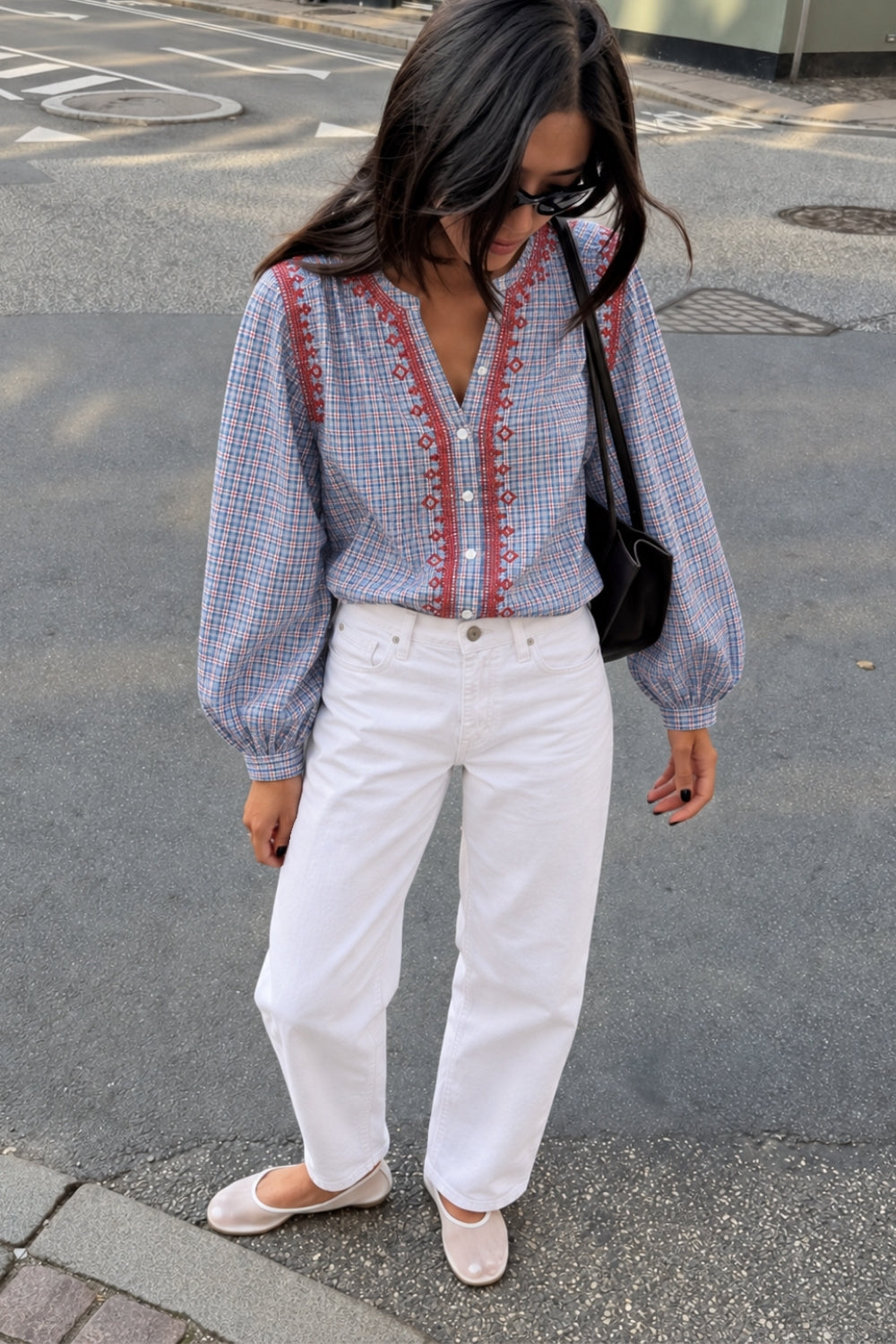 Blusa Cuadros Bordado Geométrico Azul